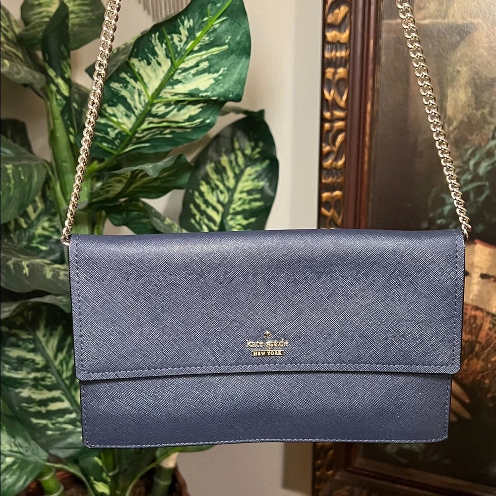 Kate Spade Dark Navy Blue Leather Gold Chain Crossbody Bag Purse Pocketbook